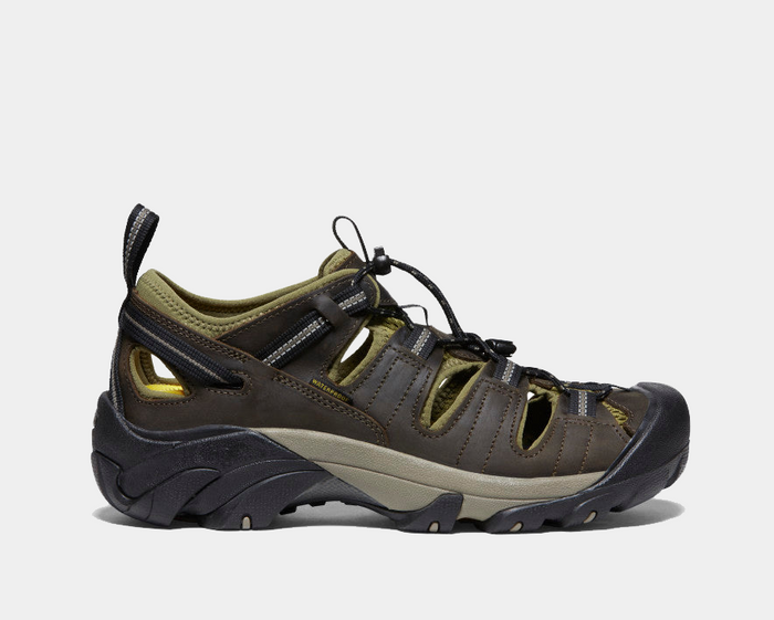 Keen Arroyo II hiking sandals in brown and olive with breathable mesh panels, secure lace system, and durable rubber outsole, side view.