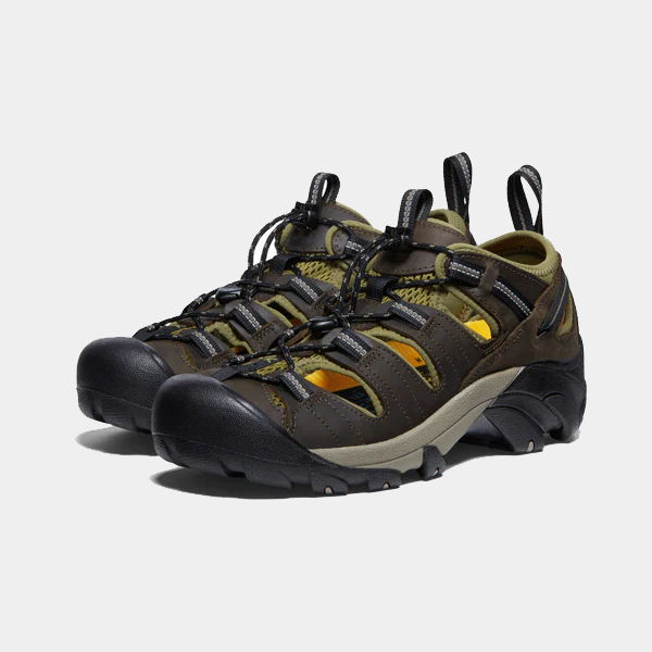 Keen Arroyo II hiking sandals in dark olive and black with open-air design, secure lace system, and rugged outsole, front perspective.
