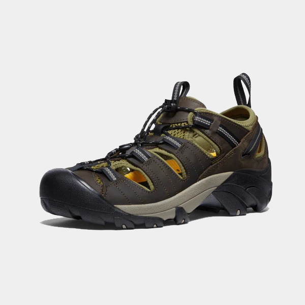 Keen Arroyo II hiking sandals in brown and olive with breathable mesh upper and durable rubber outsole, side angle view.