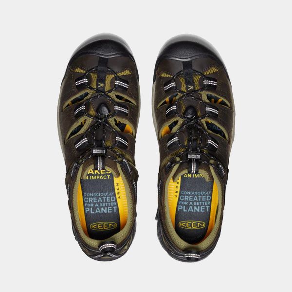 Keen Arroyo II hiking sandals in dark brown with breathable cutouts and durable lace system, top view.