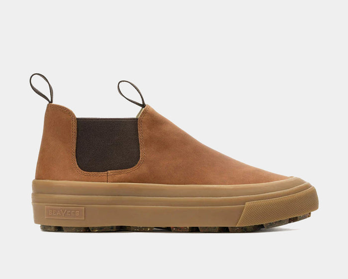 SeaVees Ballard Boot in brown suede with elastic side panels, pull tabs, and gum outsole, side view.