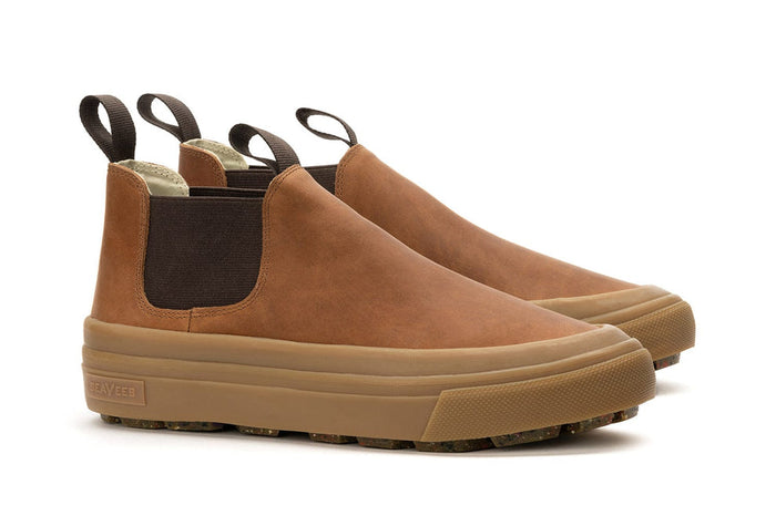 SeaVees Ballard Boot in tan leather with elastic side panels, pull tabs, and sturdy rubber sole, angled side view.