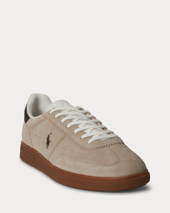 Polo Ralph Lauren Bedford Suede Sneaker in beige suede with brown accents, white laces, and gum sole, front angle view
