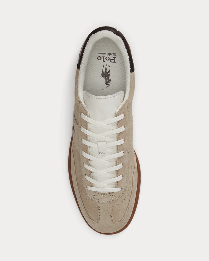 Polo Ralph Lauren Bedford Suede Sneaker in beige with white laces and suede upper, top view.