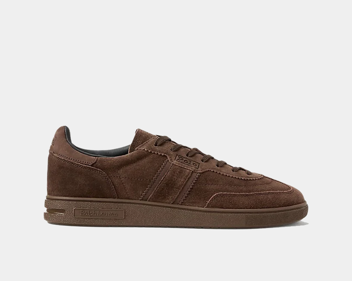 Polo Ralph Lauren Bedford Suede Sneaker in brown suede with tonal stitching and embossed logo on the side, side view.