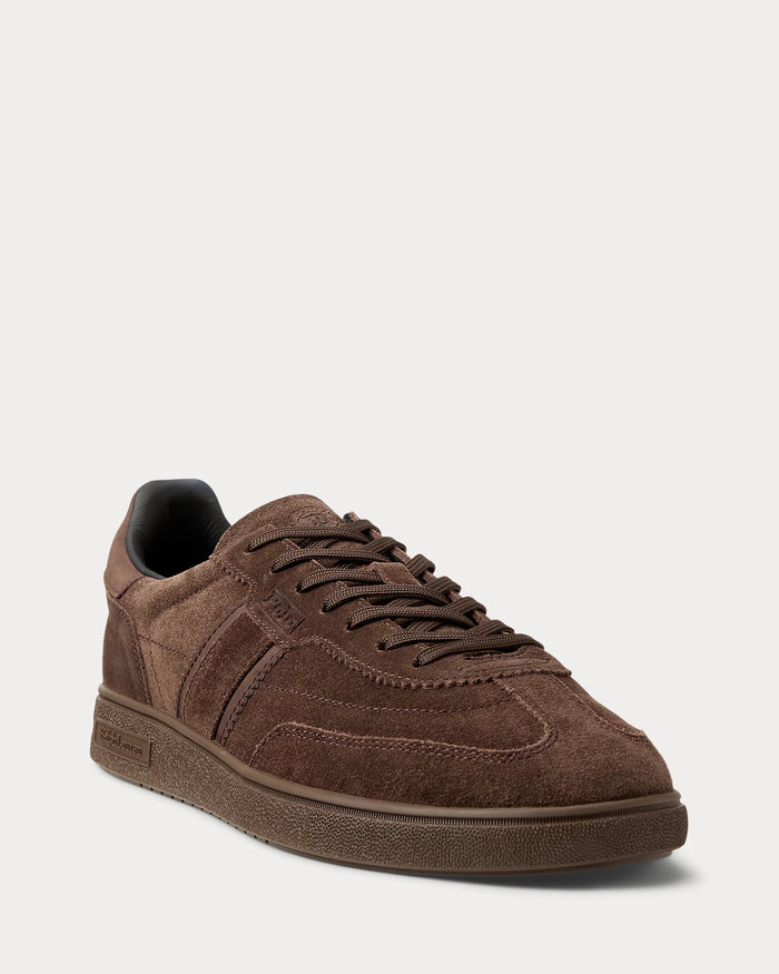 Polo Ralph Lauren Bedford Suede Sneaker in brown with suede upper, textured rubber outsole, and lace-up design, angled front view.