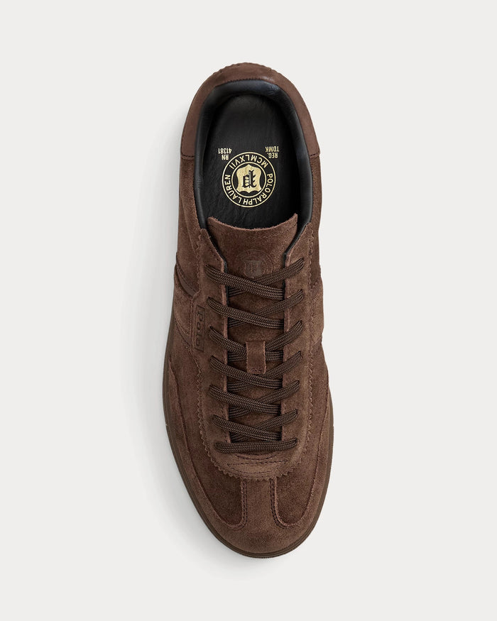 Polo Ralph Lauren Bedford Suede Sneaker in rich brown suede with tonal laces and embossed detailing, top view.