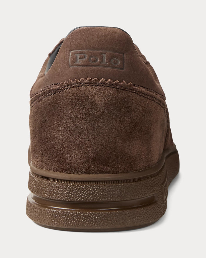 Polo Ralph Lauren Bedford Suede Sneaker in brown suede with embossed "Polo" branding on heel, back view.