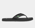 Sanuk Beer Cozy IV sandals in black with cushioned footbed and synthetic strap, side view showing sole and sleek design.