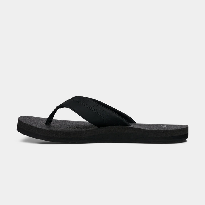 Sanuk Beer Cozy IV flip-flops in black with faux leather straps and cushioned footbed, side view.