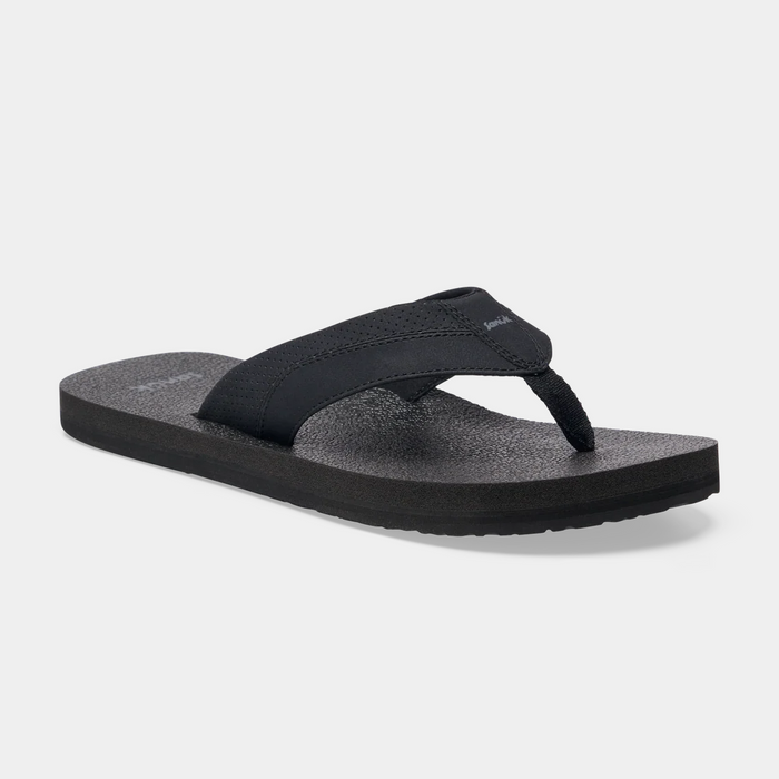 Sanuk Beer Cozy IV sandals in black with textured footbed and wide fabric thong straps, angled side view.