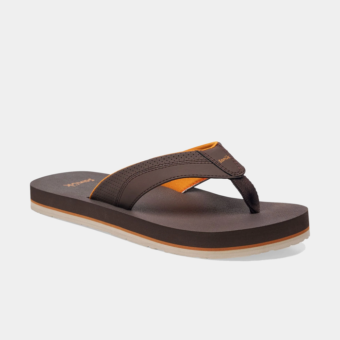Sanuk Beer Cozy IV flip-flops in dark brown with perforated synthetic upper, cushioned footbed, and light sole, angled side view.