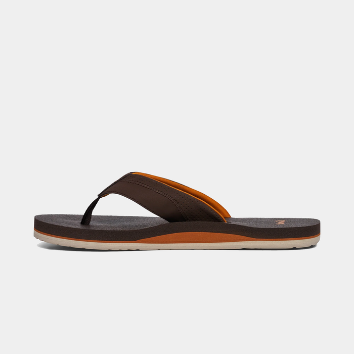 Sanuk Beer Cozy IV flip-flops in brown with contoured footbed and orange accents, side view.