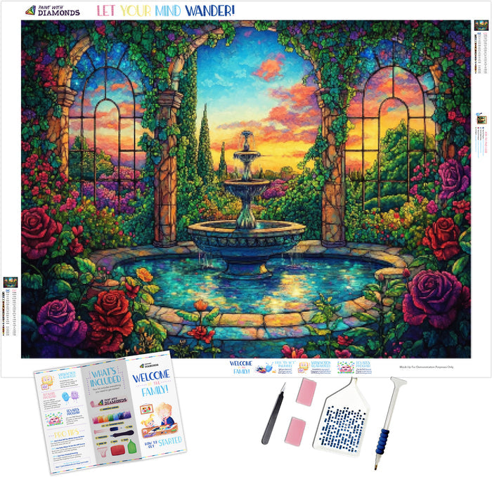 Blooming Roses And a Shimmering Fountain
