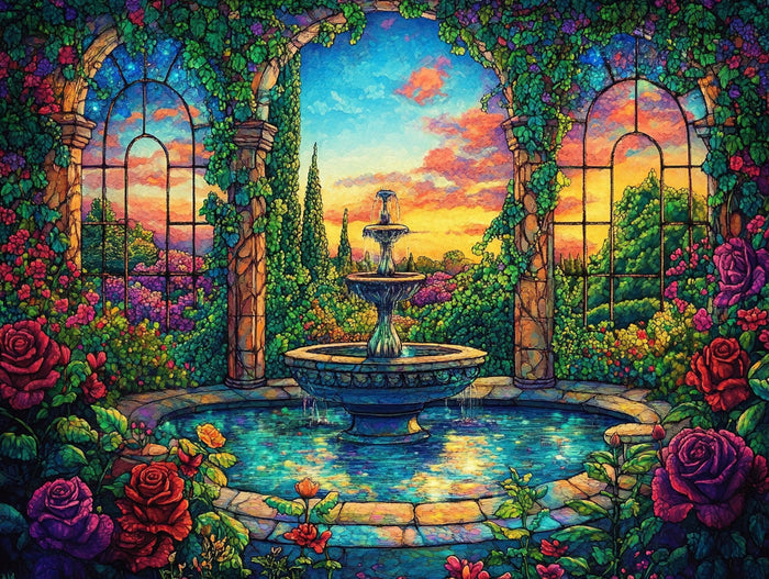 Blooming Roses And a Shimmering Fountain