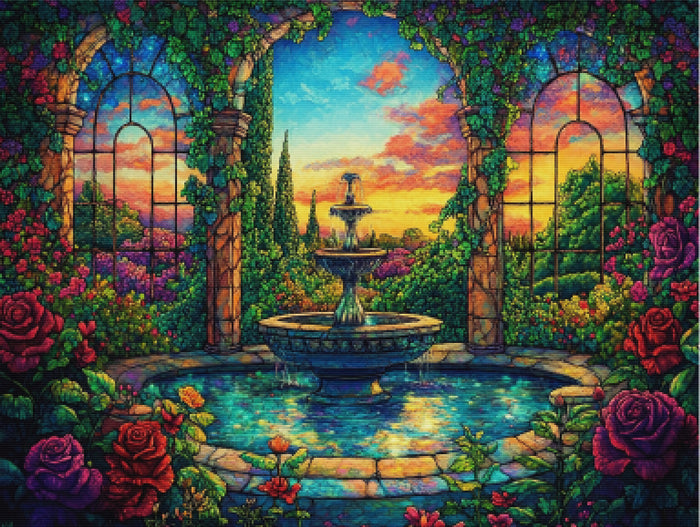 Blooming Roses And a Shimmering Fountain