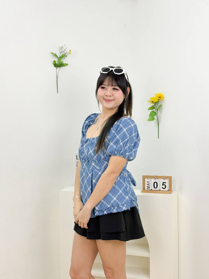 Blueberry Plaid Puff Top (Light Blue)