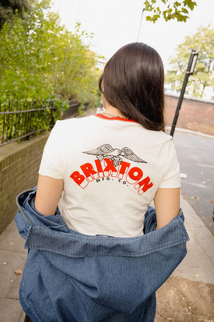 Women's Brixton Banner Slim Crew T-Shirt in the color Off White - Women's Lifestyle 3.0