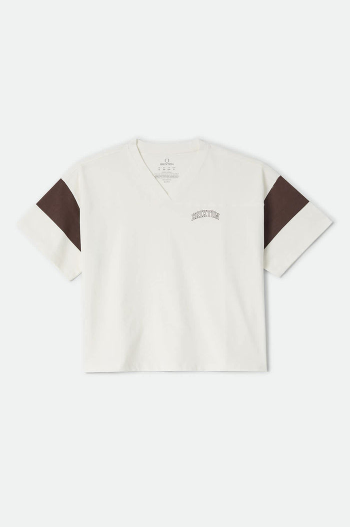 Women's Brixton Boxy Cropped Football T-Shirt in the color Off White - Front Product Laydown Image