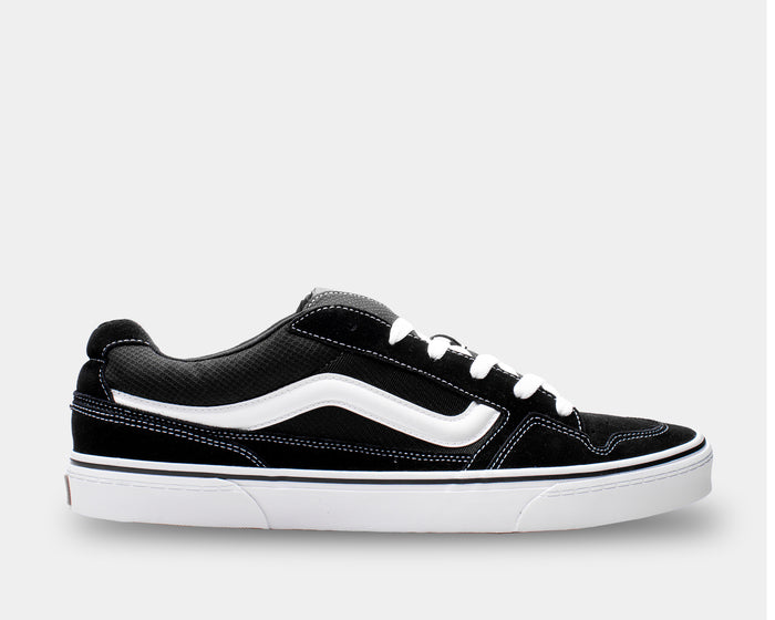 Vans Caldrone sneakers in black with suede and mesh upper, white leather side stripe, and white rubber outsole, side view
