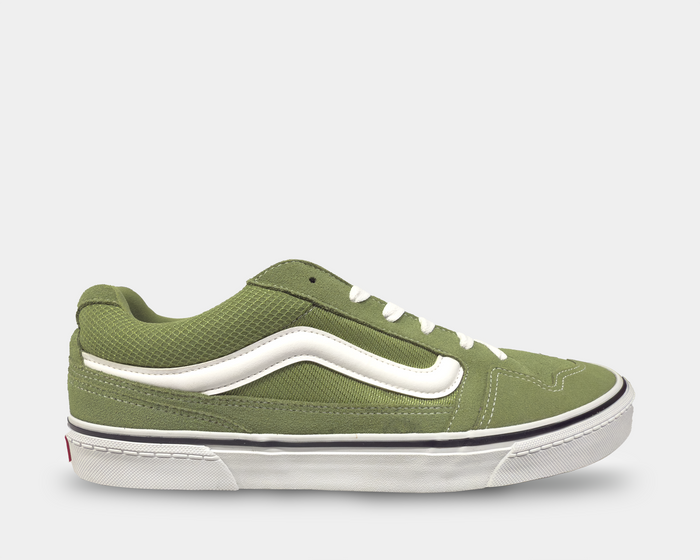 Vans Caldrone sneakers in green with white suede and mesh upper, signature side stripe, and durable rubber outsole, side view.