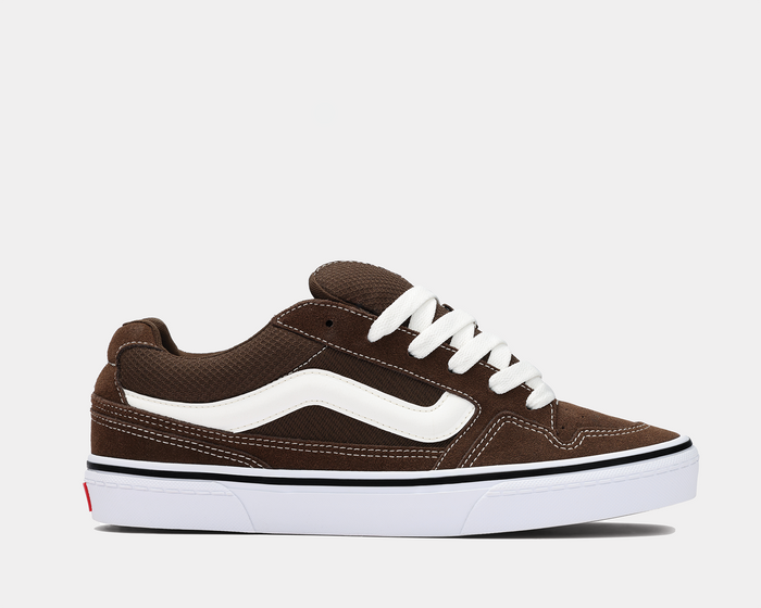 Vans Caldrone skate shoes in brown suede with white leather side stripe, white laces, and rubber outsole, side view.