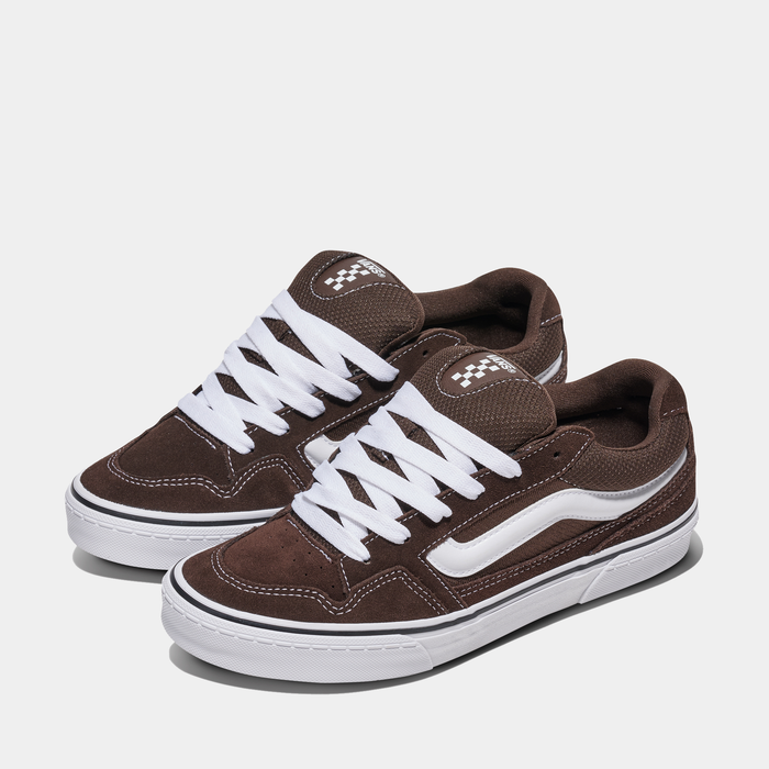 Vans Caldrone sneakers in dark brown suede with white leather side stripe, padded tongue, and white laces, angled front view.