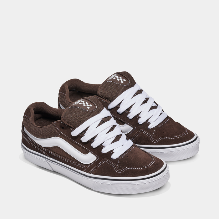 Vans Caldrone skate shoes in brown suede with white leather side stripe, white laces, and durable rubber outsole, angled front view.