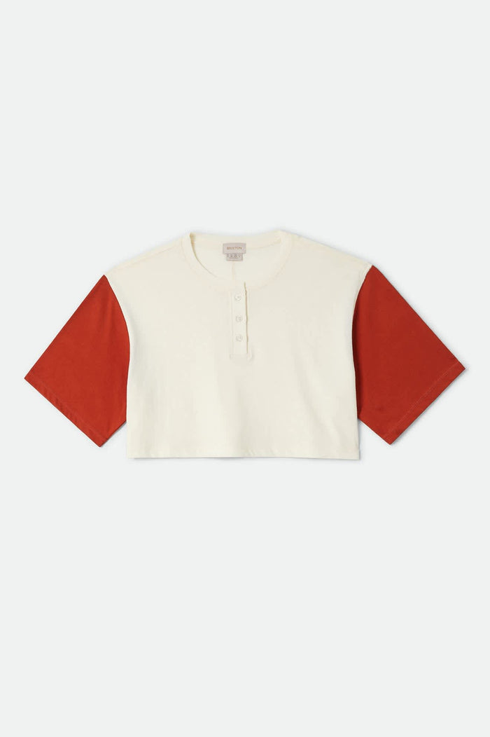 Women's Carefree Organic Garment Dye Cropped Henley in the color Off White/Rust - Front Product Laydown Image