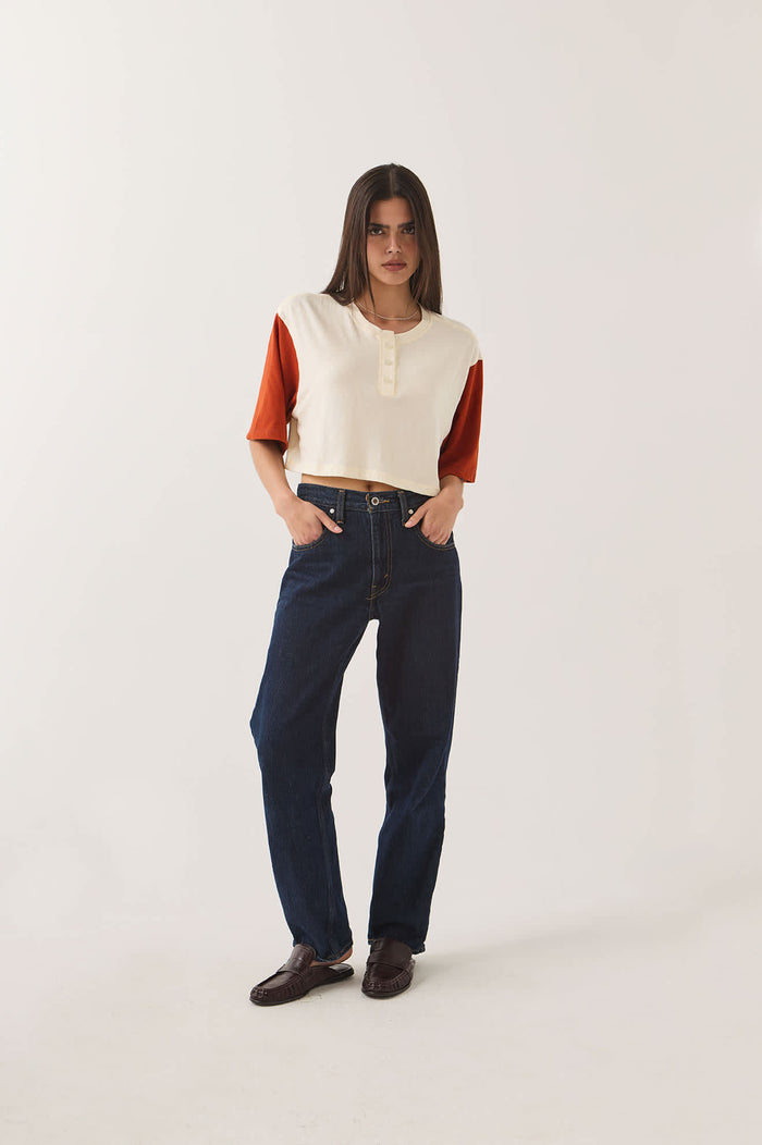Women's Carefree Organic Garment Dye Cropped Henley in the color Off White/Rust - Women's Front Fit Image