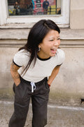 Women's Carefree Organic Garment Dye Ringer T-Shirt in the color Off White/Black - Women's Lifestyle 1