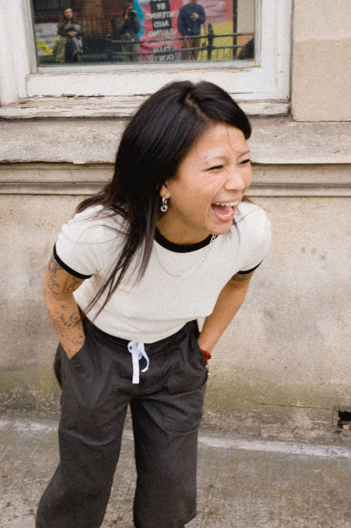 Women's Carefree Organic Garment Dye Ringer T-Shirt in the color Off White/Black - Women's Lifestyle 1