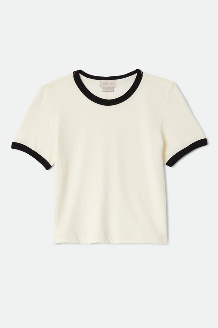 Women's Carefree Organic Garment Dye Ringer T-Shirt in the color Off White/Black - Front Product Laydown Image