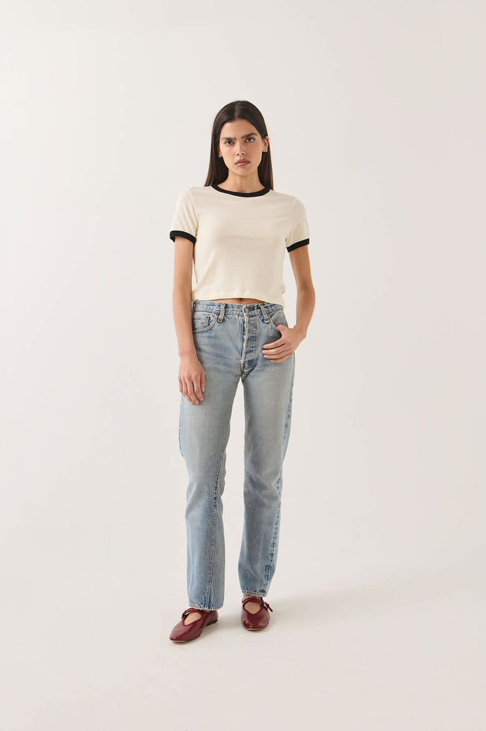 Women's Carefree Organic Garment Dye Ringer T-Shirt in the color Off White/Black - Women's Front Fit Image