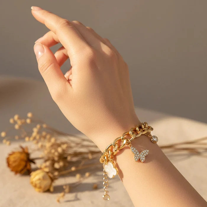 Chunky Curb Chain with Butterfly & Leaf Charms (CB2756)