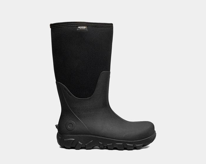 Bogs Classic Seamless Tall NT boots in black with waterproof design and rugged outsole, side view.
