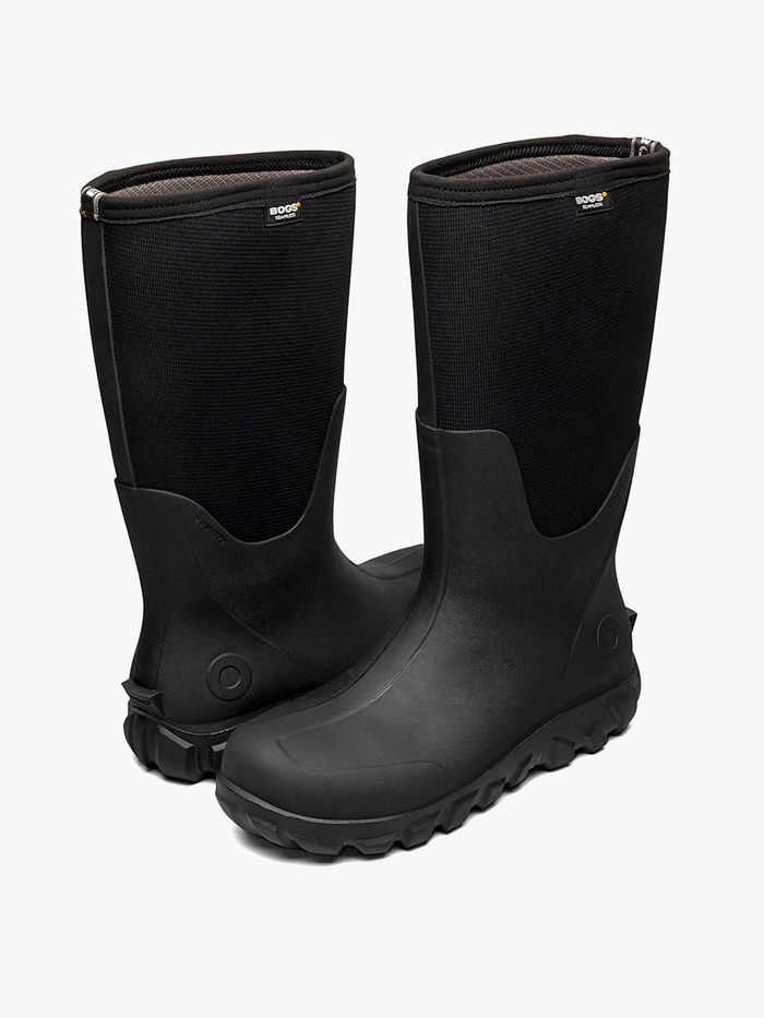 Bogs Classic Seamless Tall NT boots in black with waterproof construction and durable lug outsole, angled side view.
