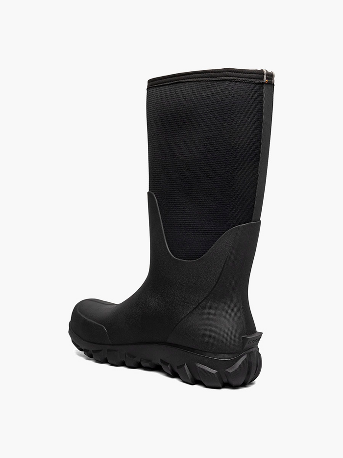 Bogs Classic Seamless Tall NT boots in black featuring waterproof construction and durable tread, back view.