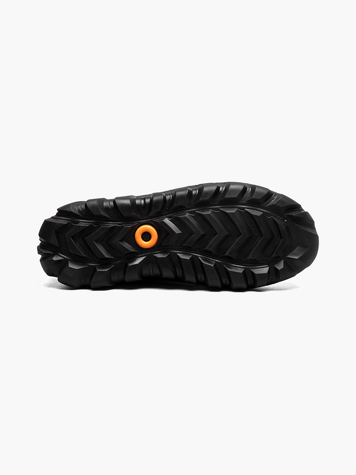 Bogs Classic Seamless Tall NT boot outsole in black with deep tread pattern and orange detail, bottom view.