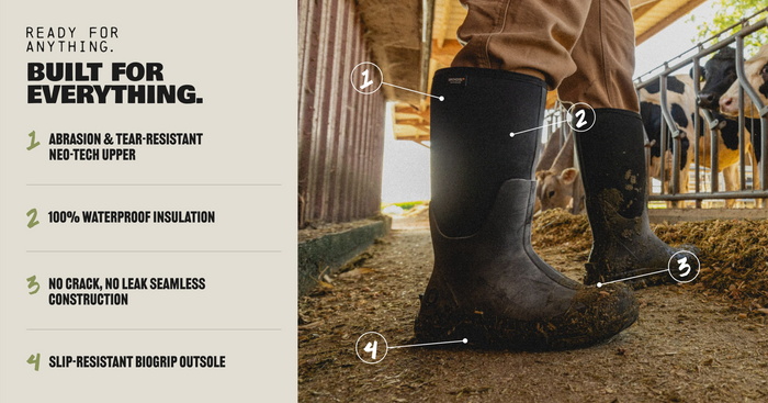 Bogs Classic Seamless Tall NT boots in black with abrasion-resistant Neo-Tech upper, 100% waterproof insulation, and slip-resistant BioGrip outsole, worn in a farm setting.