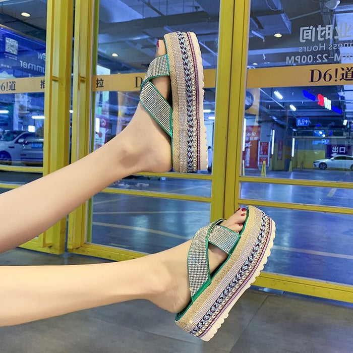 Cross Rhinestone Woven Waterproof Platform Toe Women's Slippers