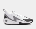 Under Armour Curry 3Z 25 basketball shoes in white and black with mesh panels, lace-up design, and stylized outsole, side view.