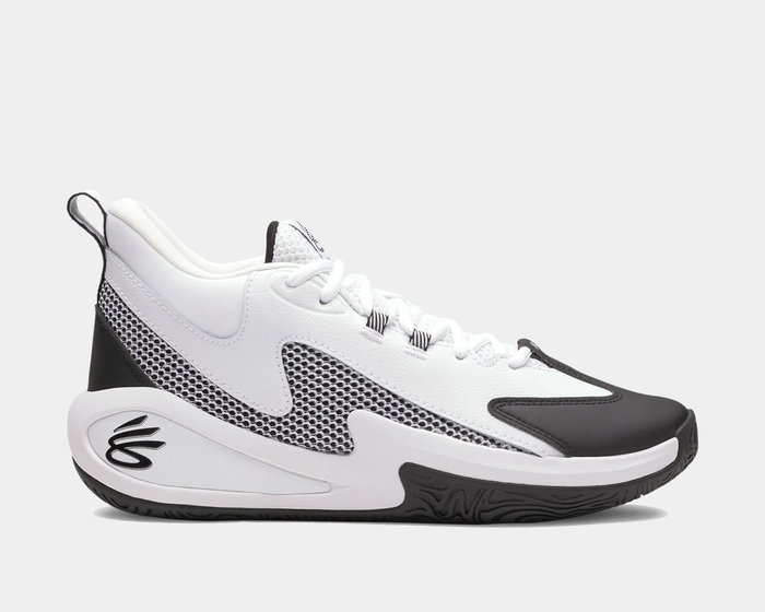 Under Armour Curry 3Z 25 basketball shoes in white and black with mesh panels, lace-up design, and stylized outsole, side view.