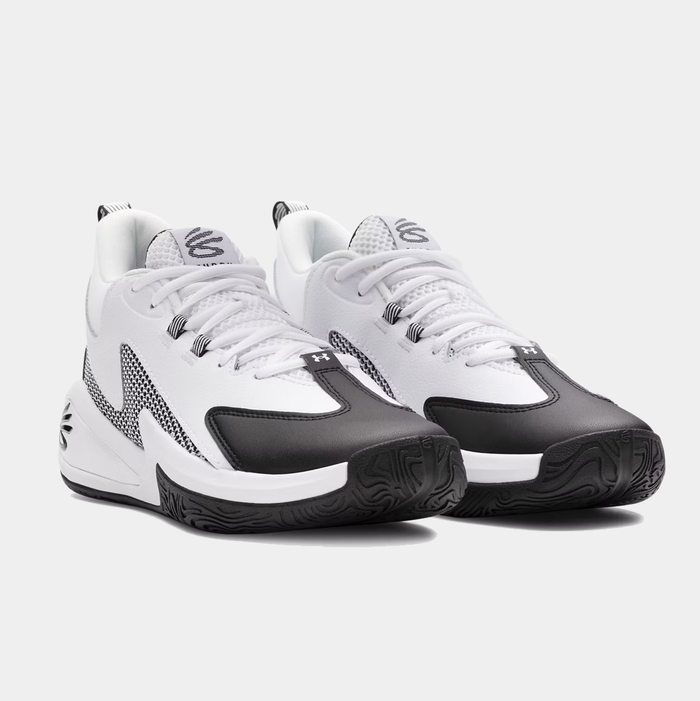 Under Armour Curry 3Z 25 basketball shoes in white and black with mesh upper and textured outsole, front angle view.
