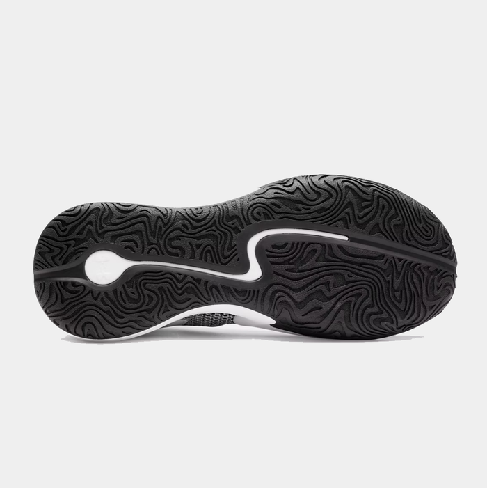 Under Armour Curry 3Z 25 basketball shoes outsole in black rubber with intricate traction pattern and curved white accents, bottom view.