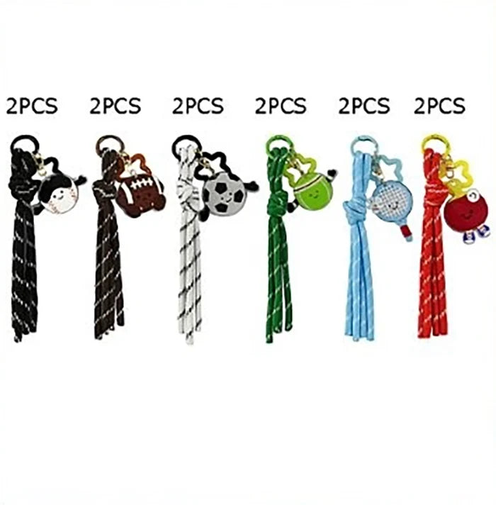 Cute Sports Keychain Pack with Braided Rope Tassel – 12-Piece Assorted Cartoon Ball and Racket Keyrings for Backpacks (KC-70313)
