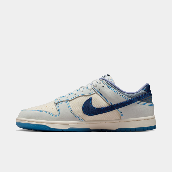 Nike Dunk Low Retro SE sneakers in white and blue with stitched detailing and textured Swoosh logo, side view.