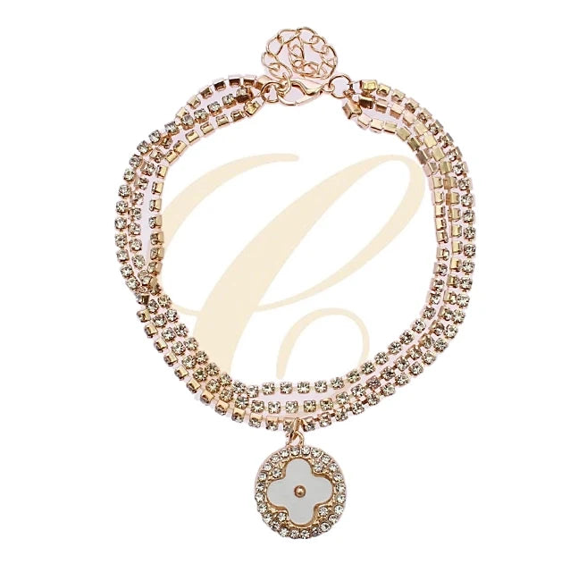 Elegant Multi-Strand Rhinestone Anklet with Clover Charm – Gold & Silver Color (RAK-0194GS)