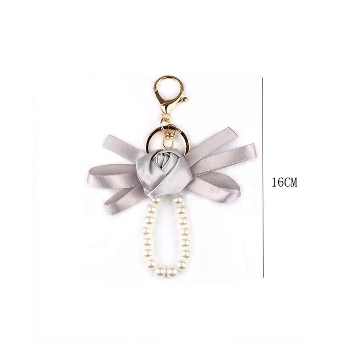 Elegant Rose Ribbon Keychain with Pearl Wristlet | 16cm Floral Bow Knot Bag Charm & Key Ring, 6 Color Assortment, 12pc Wholesale Pack (YNV-1725E)