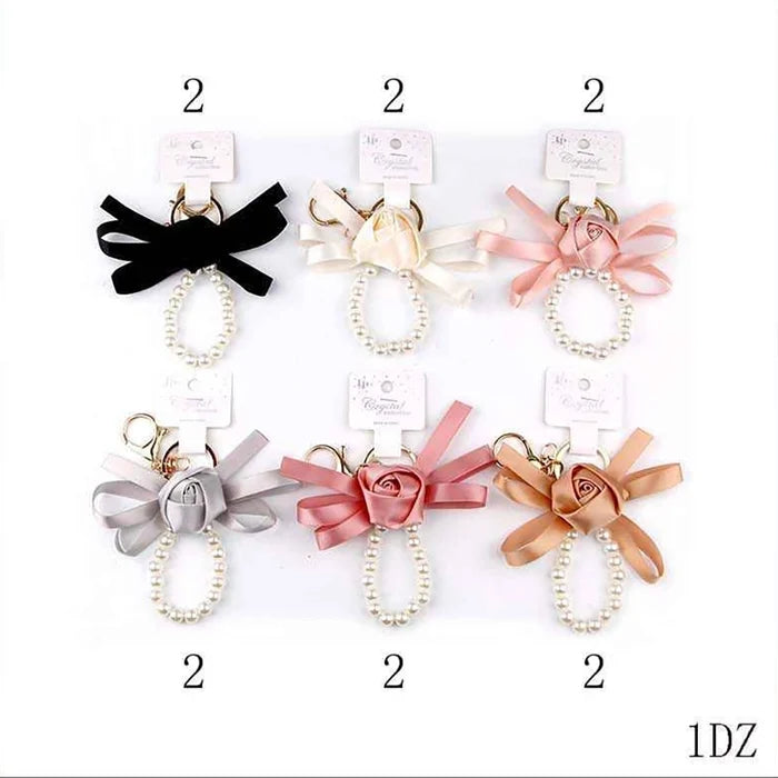 Elegant Rose Ribbon Keychain with Pearl Wristlet | 16cm Floral Bow Knot Bag Charm & Key Ring, 6 Color Assortment, 12pc Wholesale Pack (YNV-1725E)